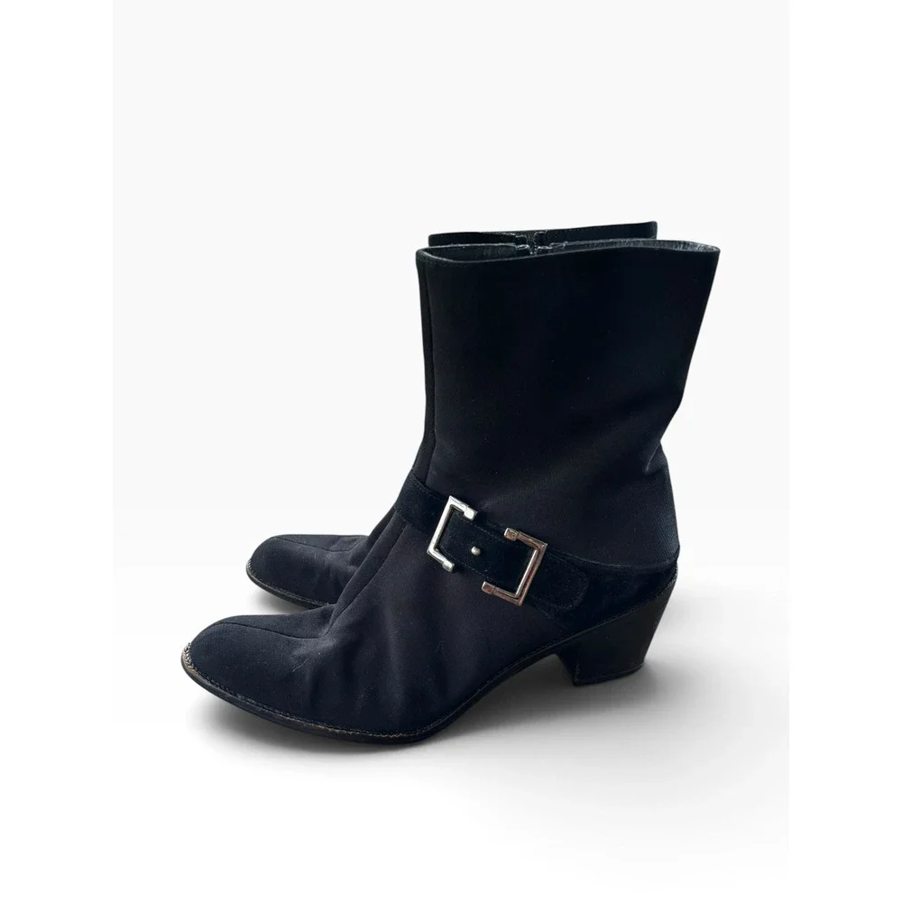 Stuart Weitzman Black Suede Gore-Tex Buckle Ankle Boots Size 9 Weatherproof Heel